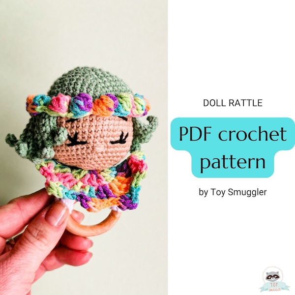 Crochet amigurumi doll rattle. Colorful doll cuddle toy. Handmade gift. Step by step instruction photo tutorial. Teething toy. Baby friendly