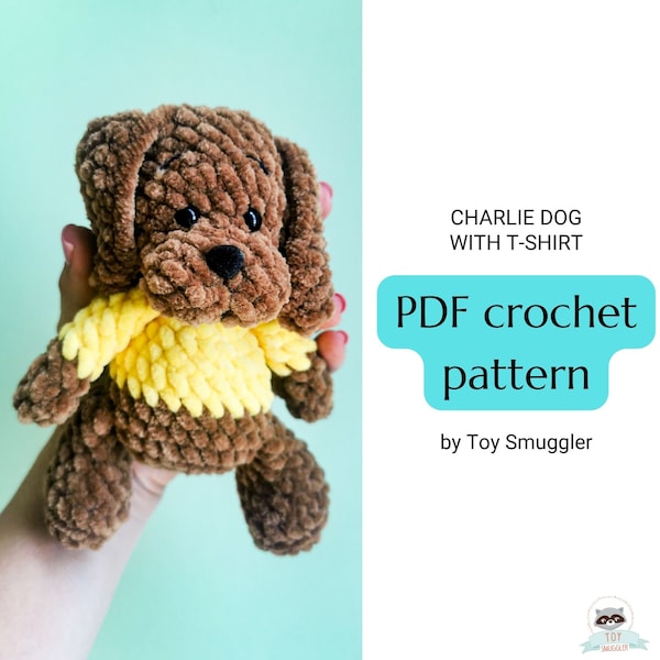 Crochet amigurumi dog toy. One piece of sewing. Handmade gift. Step by step instruction photo tutorial. Little sew pattern. Craft fair. Fast