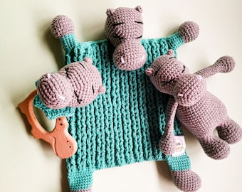 Hippo SET - Amigurumi PDF crochet patterns - Rattle - Lovey - Toy - Tutorial with step by step instructions (English). Baby friendly toys