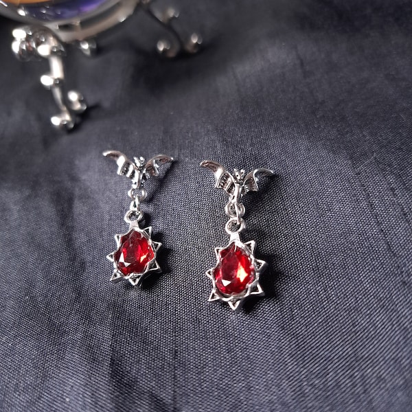 COUNTESS ~ captivating bat & blood red glass stoned earrings vampire gothic alternative