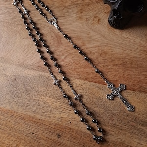 Rozeire ~ Gothic rosary cross necklace black hematite rosery alternative witch The Craft movie inspired grunge punk emo