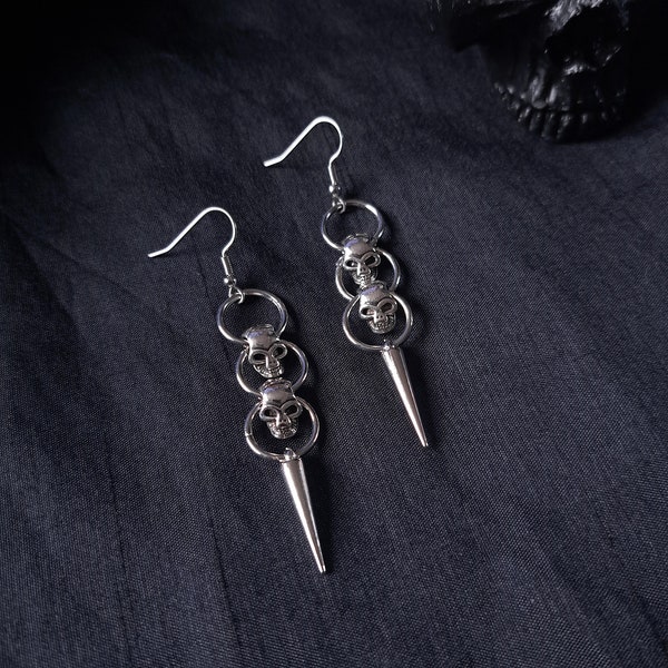 DIGGING THE GRAVE ~ trio of skulls o-rings and spikes darkly inclined earrings goth punk alternative