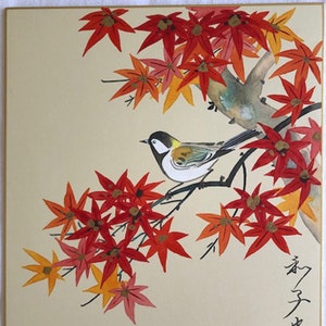 Pittura giapponese (dipinta a mano) su carta giapponese (shikishi) - Foglie autunnali e uccello