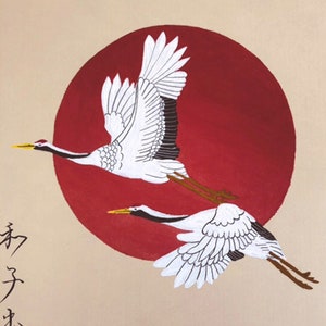 Pittura giapponese (dipinta a mano) su carta giapponese (shikishi) - Gru e Sole