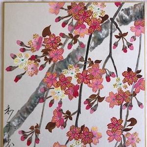 Pittura giapponese (dipinta a mano) su carta giapponese (shikishi) - Fiori di ciliegio