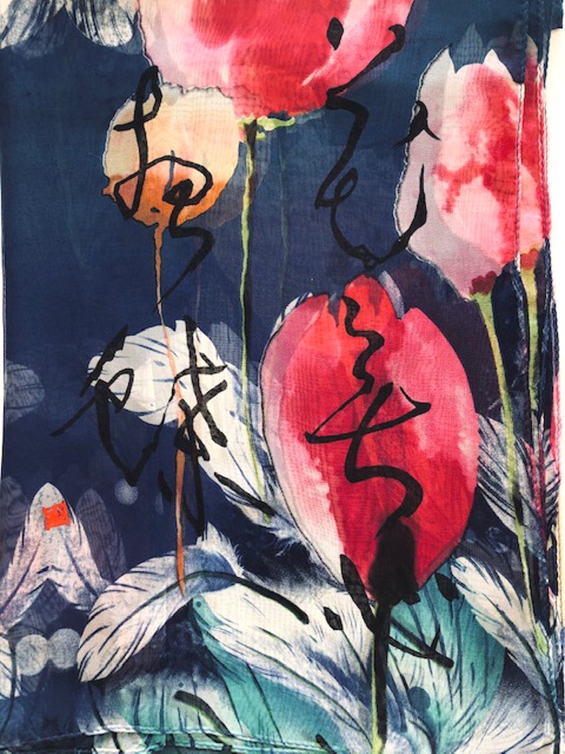 Big Brand Low Price Scarf Hand Painted Japanese Poetry On A Tulips Design Etsy Hong Kong Original Genuine Samayjharkhand Com