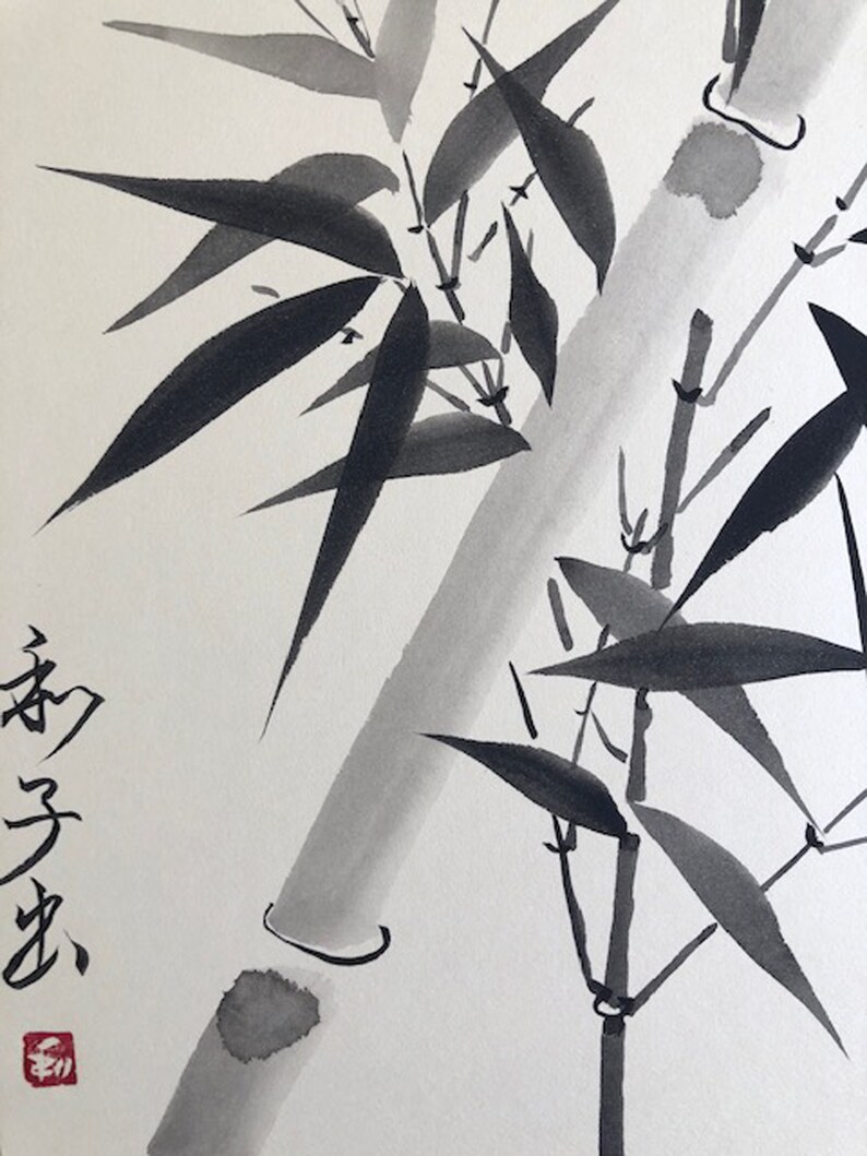 May include: Black and white ink painting of bamboo stalks and leaves. The painting has the Japanese characters "竹" and "寿" written in red ink in the bottom left corner.