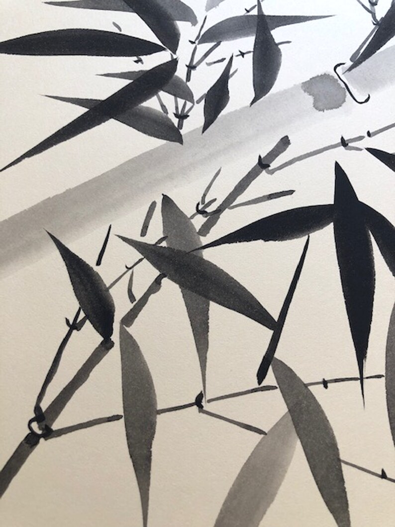 May include: Black and white ink painting of bamboo leaves and branches. The painting is done in a traditional Japanese style.