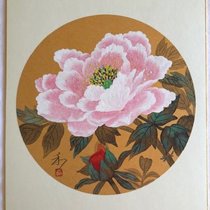 Pittura giapponese (dipinta a mano) su carta giapponese (shikishi) - Fiore di peonia bianco