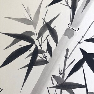 May include: Black and white ink painting of bamboo stalks and leaves. The painting is done in a traditional Japanese style.