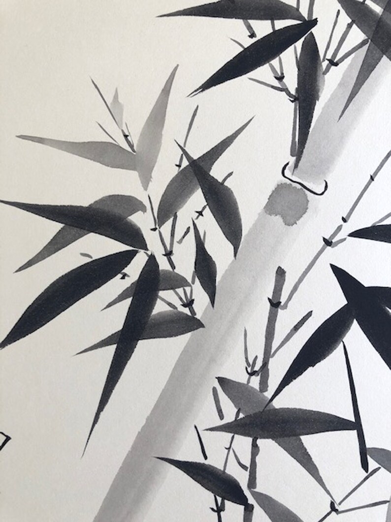 May include: Black and white ink painting of bamboo stalks and leaves. The painting is done in a traditional Japanese style.