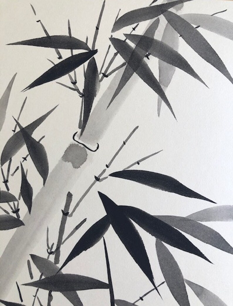 May include: Black and white ink painting of bamboo leaves and stalks. The painting is done in a traditional Japanese style.