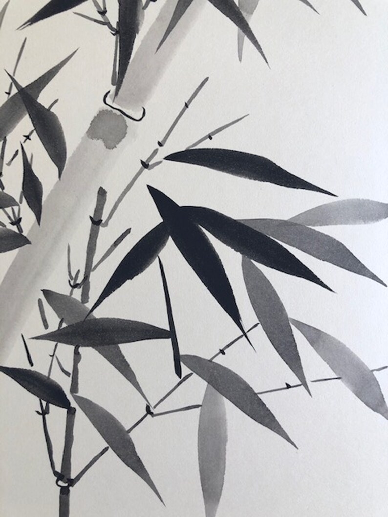 May include: Black and white ink painting of bamboo stalks and leaves. The painting is done in a traditional Japanese style.