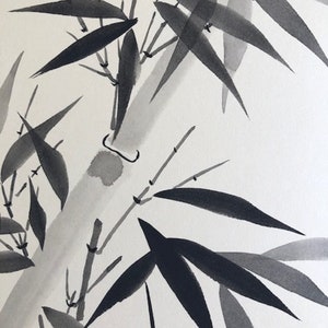 May include: Black and white ink painting of bamboo leaves and stalks. The painting is done in a traditional Japanese style.
