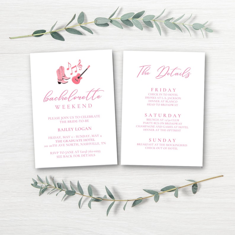 Nashville Bachelorette Invitation and Itinerary Nashville Bachelorette