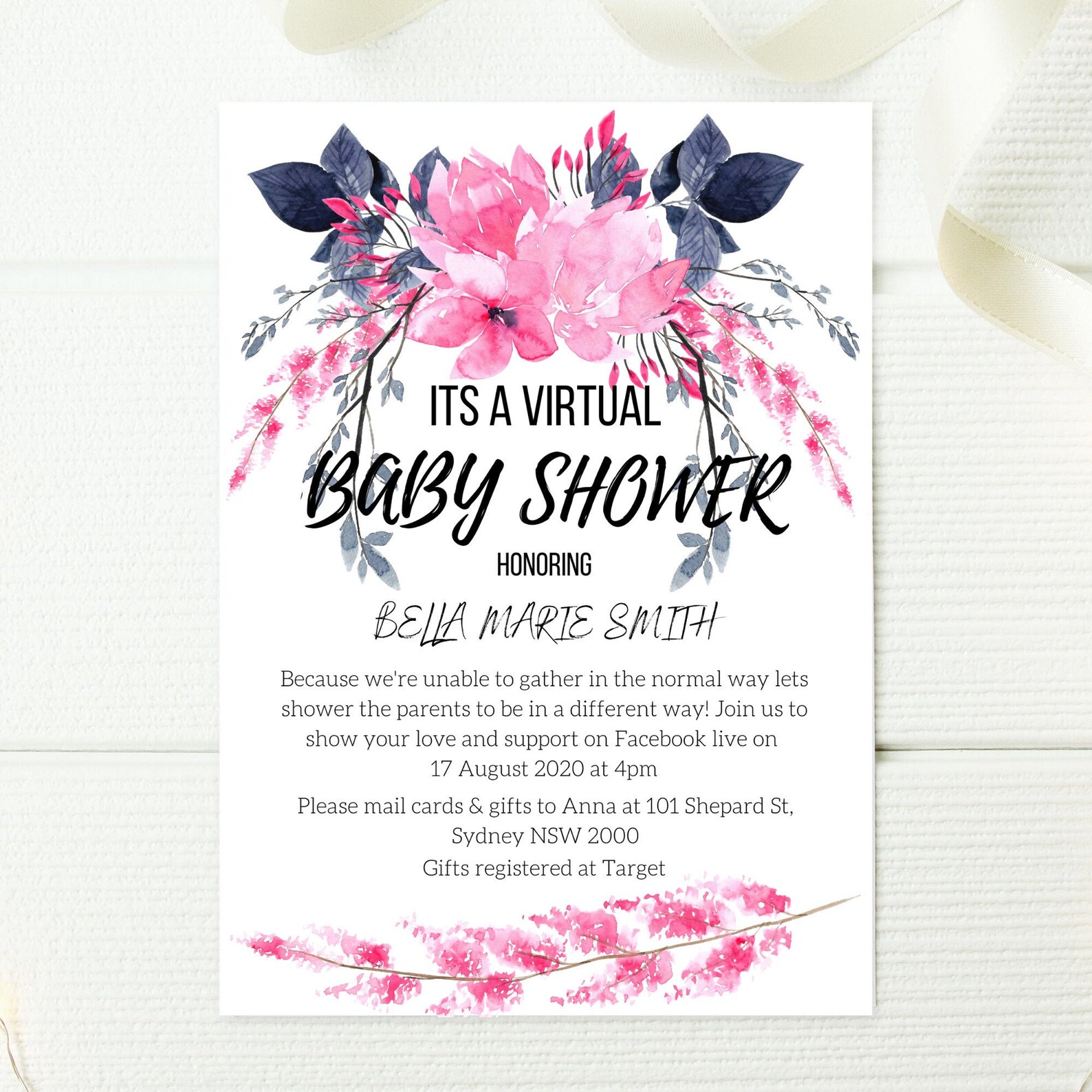 Virtual Baby Shower Invitation Its a Girl Floral Theme Baby Etsy