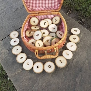 May include: A wicker basket with a red and white gingham lining contains wooden letter tiles. The tiles are arranged in a circle around the basket, spelling out the words "person" and "seed".