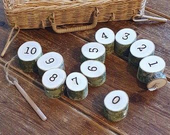 Natural Log Slice & Woodburned Number Threading Set with 'Needle' Learning Counting