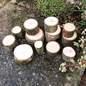 Puede incluir: Una colecci&oacute;n de peque&ntilde;as rodajas y piezas cil&iacute;ndricas de madera natural. La madera es de color marr&oacute;n claro con vetas y bordes de corteza visibles. Algunas piezas tienen musgo. La disposici&oacute;n est&aacute; sobre una superficie gris texturizada.