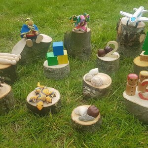 Puede incluir: Una colecci&oacute;n de juguetes de madera y objetos decorativos exhibidos sobre peque&ntilde;os tocones de &aacute;rboles. Incluye un avi&oacute;n de juguete, una pi&ntilde;a, un lagarto de juguete, bloques de madera y el n&uacute;mero 3. Los art&iacute;culos est&aacute;n dispuestos sobre hierba.