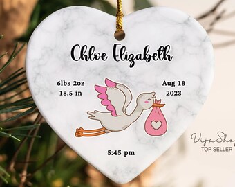 Nyföddprydnad, personligt babyminnesmärke, personligt babyminnesmärke, personlig födelsestatistik julprydnad, present till nybliven mamma