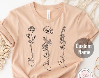 Custom Birth Month Birth Flower Shirt with Kids Names, Personalized Kids Name Gift for Mom, Mothers Day Gift, Custom Kid&#39;s Names Mom Shirt