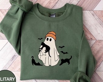 Halloween Sweatshirt, süße schwarze Katze Rundhalsausschnitt für Frauen, Geist mit schwarzen Katzen Shirt, gruselige Katzenmutter Herbstpullover