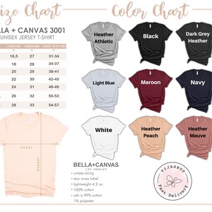 K&ouml;nnte beinhalten: Gr&ouml;&szlig;entabelle und Farbtabelle f&uuml;r Bella + Canvas 3001 Unisex-Jersey-T-Shirts. Die Tabelle zeigt verschiedene Gr&ouml;&szlig;en, Brustma&szlig;e und L&auml;ngen in Zoll. Die Farbtabelle zeigt eine Vielzahl von Farben, darunter Heather Athletic, Schwarz, Dark Grey Heather, Hellblau, Rotbraun, Marine, Wei&szlig;, Heather Peach und Heather Mauve.