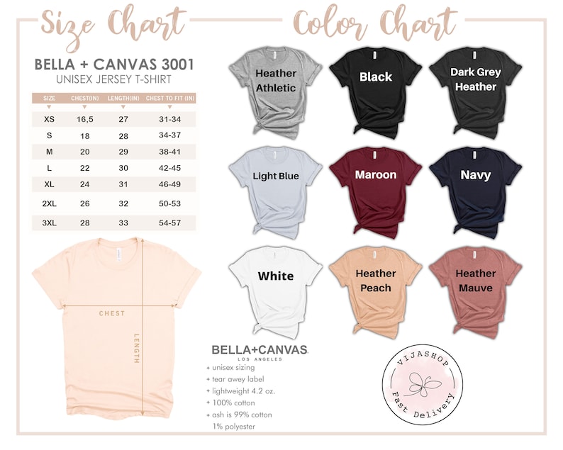 K&ouml;nnte beinhalten: Gr&ouml;&szlig;entabelle und Farbtabelle f&uuml;r Bella + Canvas 3001 Unisex-Jersey-T-Shirts. Die Tabelle zeigt verschiedene Gr&ouml;&szlig;en, Brustma&szlig;e und L&auml;ngen in Zoll. Die Farbtabelle zeigt eine Vielzahl von Farben, darunter Heather Athletic, Schwarz, Dark Grey Heather, Hellblau, Rotbraun, Marine, Wei&szlig;, Heather Peach und Heather Mauve.