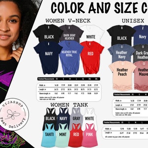 Pu&ograve; includere: Tabella colori e taglie per magliette a collo a V da donna, magliette unisex e canottiere da donna. La tabella mostra i diversi colori e le taglie disponibili per ogni stile. La tabella include anche le misure finite per ogni taglia.