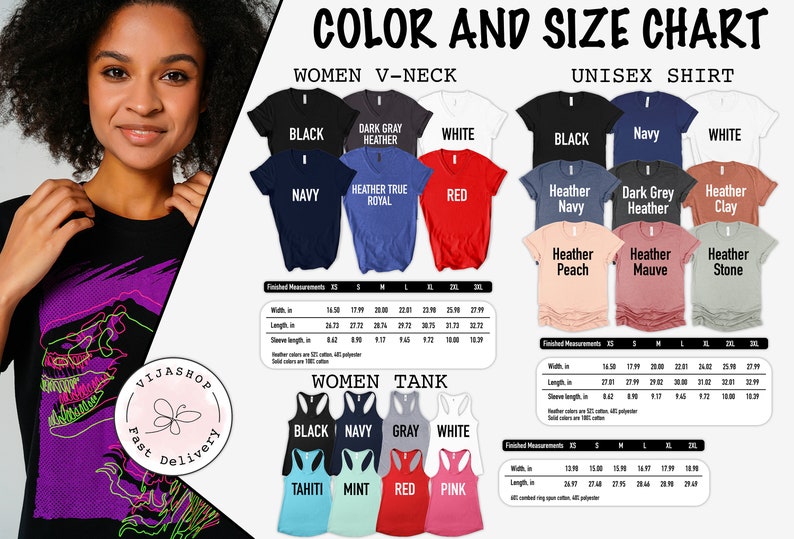 Pu&ograve; includere: Tabella colori e taglie per magliette a collo a V da donna, magliette unisex e canottiere da donna. La tabella mostra i diversi colori e le taglie disponibili per ogni stile. La tabella include anche le misure finite per ogni taglia.