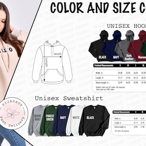 Pu&ograve; includere: Tabella colori e taglie per felpe con cappuccio e felpe unisex. La tabella mostra diversi colori e taglie per entrambi gli stili di abbigliamento. La tabella include le misure di larghezza, lunghezza e manica in pollici.
