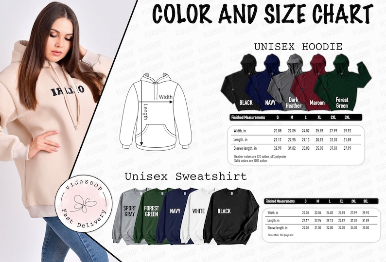 Pu&ograve; includere: Tabella colori e taglie per felpe con cappuccio e felpe unisex. La tabella mostra diversi colori e taglie per entrambi gli stili di abbigliamento. La tabella include le misure di larghezza, lunghezza e manica in pollici.