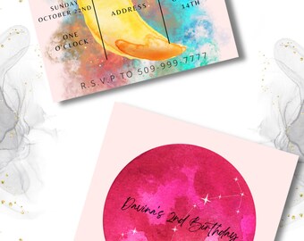 Two the Moon Birthday Invite Girl, Pastel Outerspace Invitation, Space 2nd Birthday Invitation, Girl 2nd Birthday, Two the Moon Party