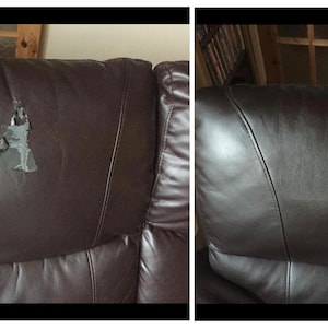 K&ouml;nnte beinhalten: Vorher-Nachher-Bilder eines braunen Ledersofas mit einem Riss in der R&uuml;ckenlehne. Der Riss wurde repariert.