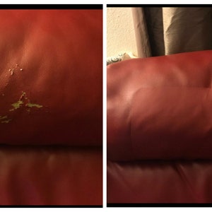 K&ouml;nnte beinhalten: Vorher-Nachher-Bilder eines roten Ledersofas. Das erste Bild zeigt eine abgenutzte Stelle auf dem Leder. Das zweite Bild zeigt die gleiche Stelle, nachdem sie repariert wurde.