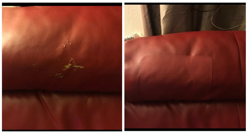 K&ouml;nnte beinhalten: Vorher-Nachher-Bilder eines roten Ledersofas. Das erste Bild zeigt eine abgenutzte Stelle auf dem Leder. Das zweite Bild zeigt die gleiche Stelle, nachdem sie repariert wurde.