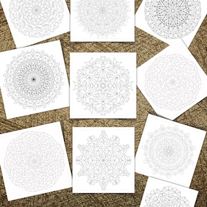 May include: Set of nine printable mandala colouring pages. Each page features a different intricate design with geometric shapes and patterns. The pages are perfect for adults and children who enjoy colouring and creative activities.