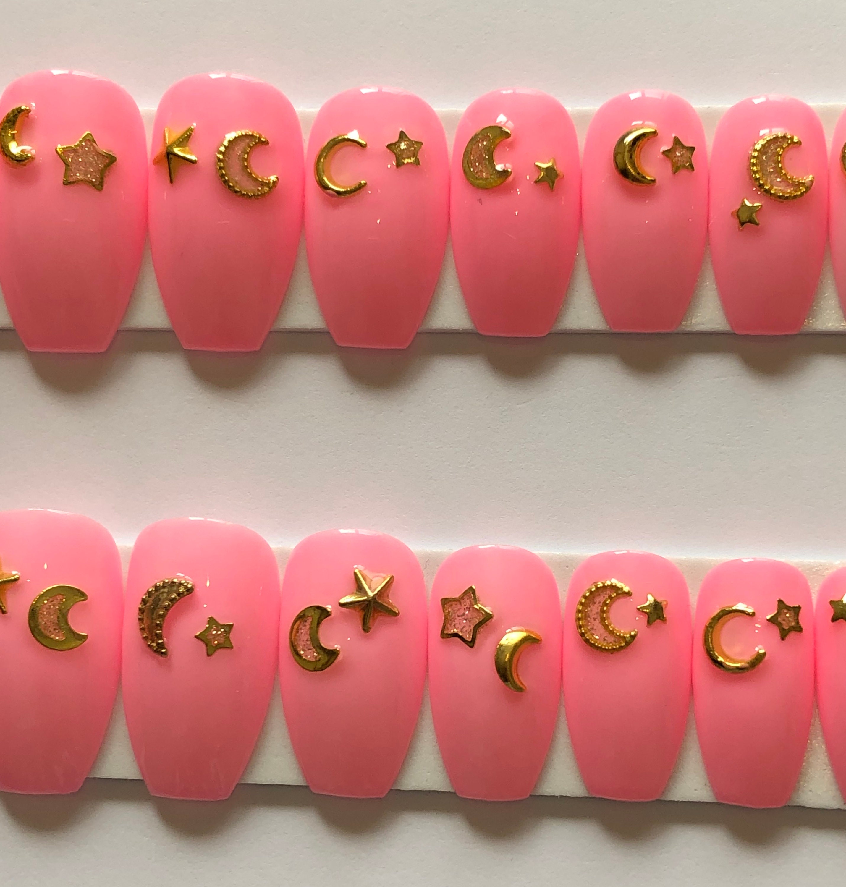 Baby Pink Gold Moon Star Nails Etsy