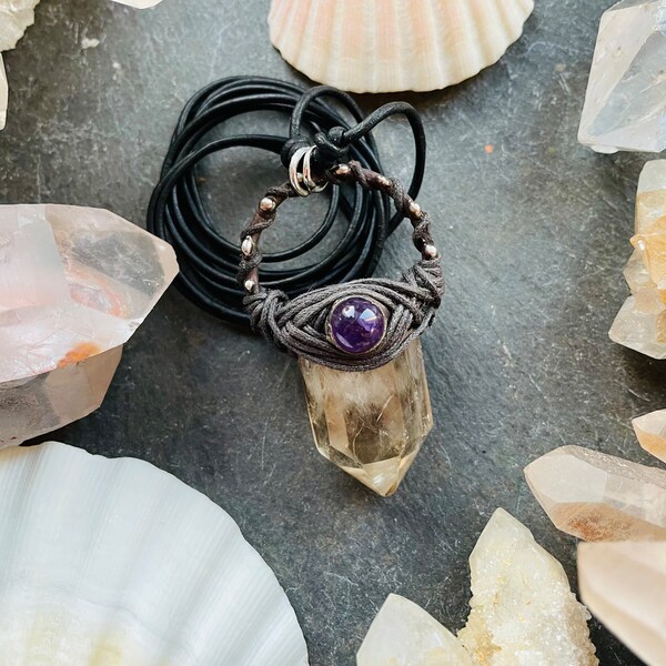 Rock crystal point with amethyst/softsoldered jewelry/elven necklace/talisman/men's jewelry