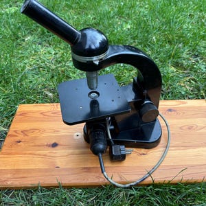 May include: A vintage black microscope with a curved arm, adjustable knobs, and a stage for slides. The microscope is set on a wooden board, with a power cord attached. The background is green grass.