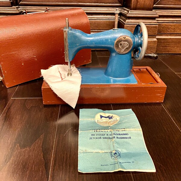 Antique USSR made Blue Mechanical Sewing Machine DSHM-1 ZMI Moscow kids antique sewing toy Sewing Gift Room Decor gift for crafter box 60s