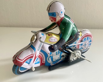 Vintage Tin Litho Motorcycle Toy: 1970s Wind-Up Racer, Working