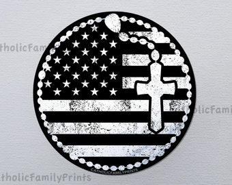United States of America USA Flag and Catholic Rosary Decal, Weatherproof Vinyl Sticker