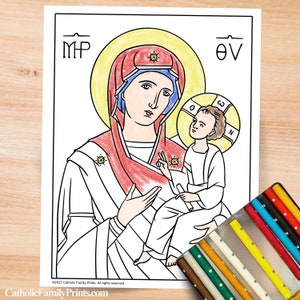 Virgin Mary Mother of God and Baby Jesus Icon Coloring Page