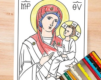 神の母である聖母マリアと幼子イエスのアイコンぬり絵ページ
