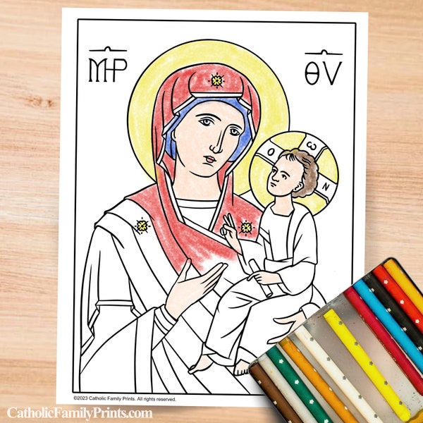 Virgin Mary Mother of God and Baby Jesus Icon Coloring Page