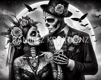 Dia De Los Muertos Couple / Sugar Skull / Skeleton / PNG / Digital Art