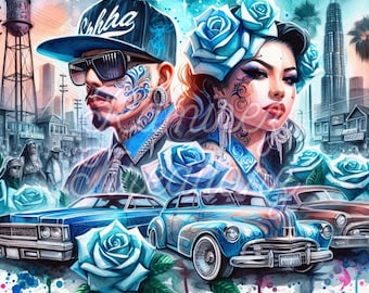 May include: A watercolor painting of a couple with blue roses and vintage cars. The man is wearing a blue baseball cap with the word "Chha" written on it. The woman is wearing a crown of blue roses. The background is a cityscape with a water tower.