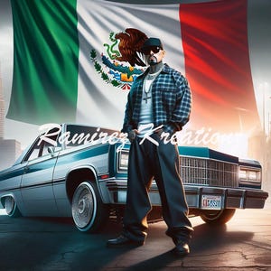 Op de afbeelding: Een man in een geruit overhemd en een baseballpet staat voor een klassieke auto met een Mexicaanse vlag op de achtergrond. De auto is wit met blauwe accenten en heeft een kentekenplaat met de tekst "645450".